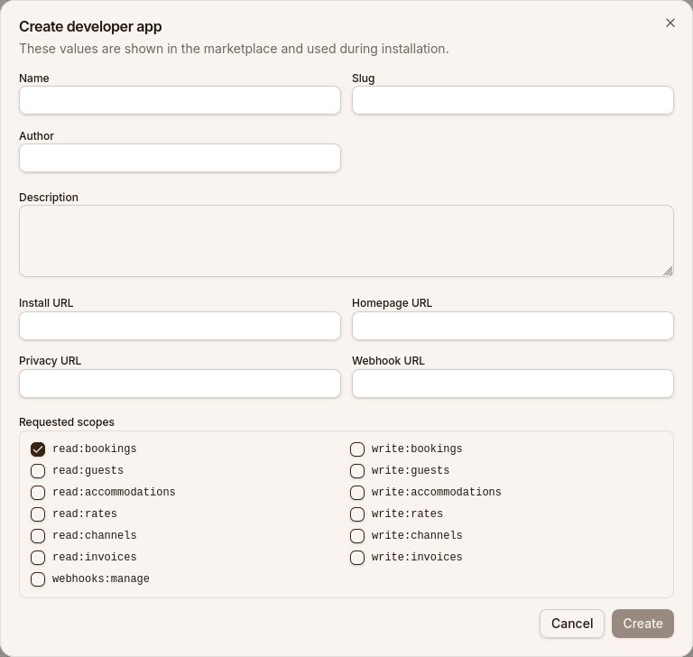 Create developer app form with name, URLs, and scope checkboxes.